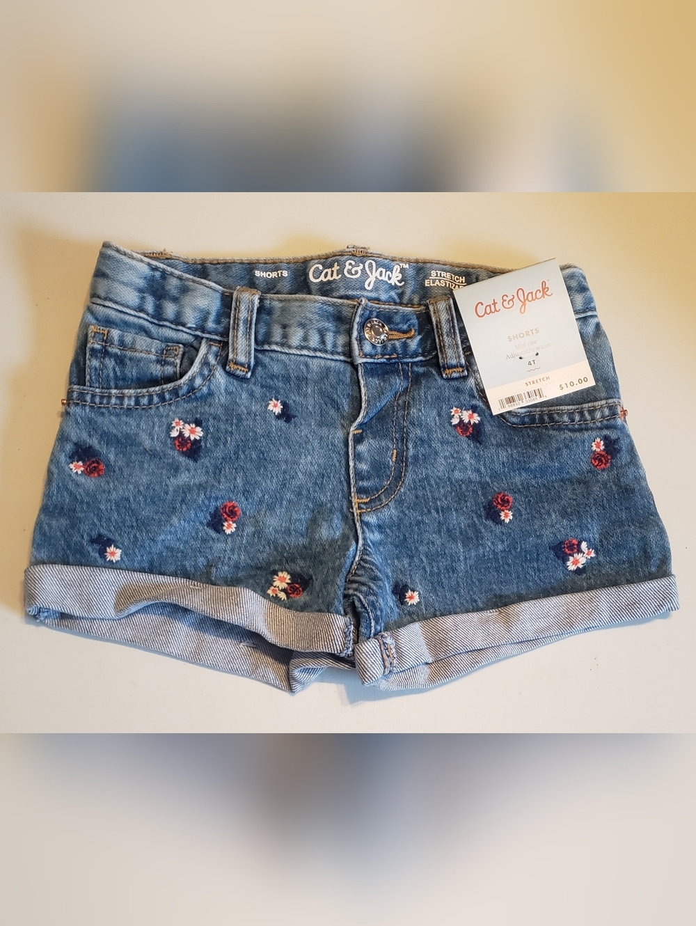 Cat & Jack Blue Denim Shorts with Pink & White Floral Embroidery